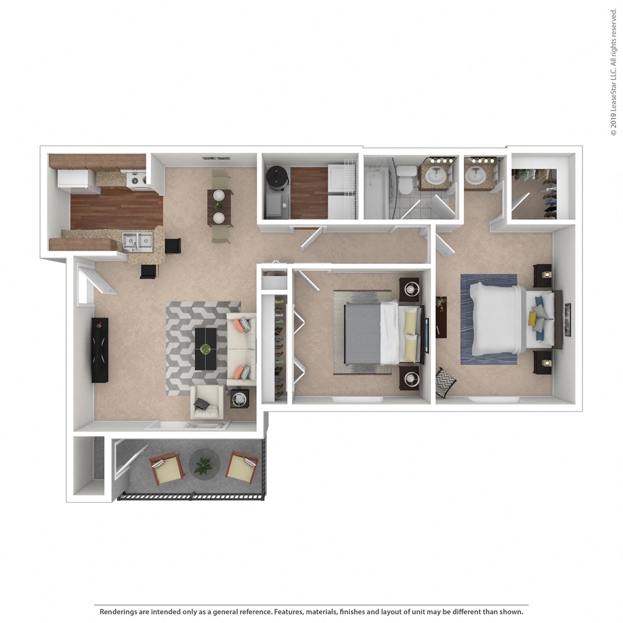 Floor plan for 2 beds, 1 bath, 848 sqft
